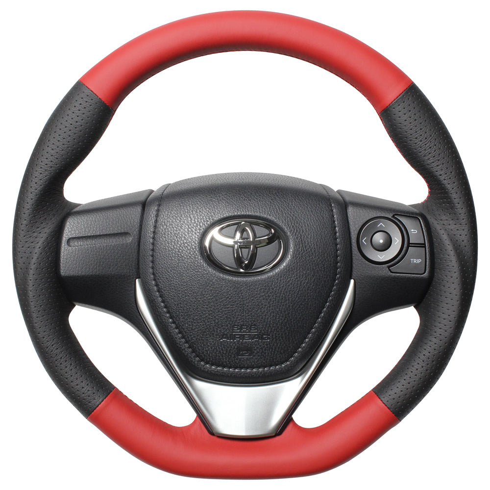 REAL ORIGINAL SERIES D SHAPE RED & BLACK ALL LEATHER RED X BLACK EURO STITCH STEERING WHEEL FOR TOYOTA AURIS 180  E160-LPB-RD