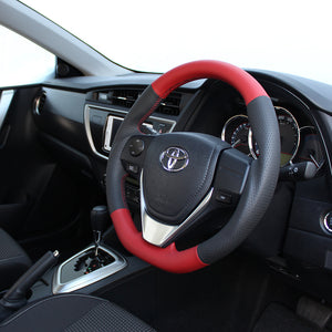 REAL ORIGINAL SERIES D SHAPE RED & BLACK ALL LEATHER RED X BLACK EURO STITCH STEERING WHEEL FOR TOYOTA ISIS 10 : KOUKI 3 SPOKE TYPE E160-LPB-RD