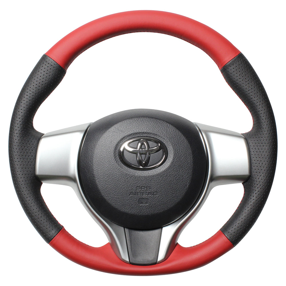 REAL ORIGINAL SERIES SOFT D SHAPE RED & BLACK ALL LEATHER RED X BLACK EURO STITCH STEERING WHEEL FOR TOYOTA RACTIS 120  P130-LPB-RD