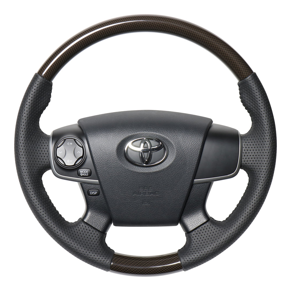 REAL ORIGINAL SERIES ROUND SHAPE BROWN CARBON PRINT BLACK STITCH STEERING WHEEL FOR DAIHATSU ALTIS 50 : ZENKI  V50-BRT-BK
