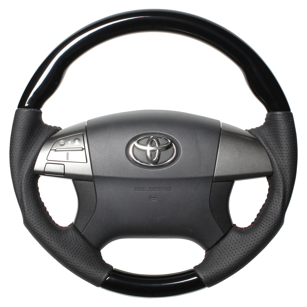 REAL ORIGINAL SERIES ROUND SHAPE PIANO BLACK RED STITCH STEERING WHEEL FOR TOYOTA PREMIO 260 : 1 2 TYPE  R50-PBW-RD