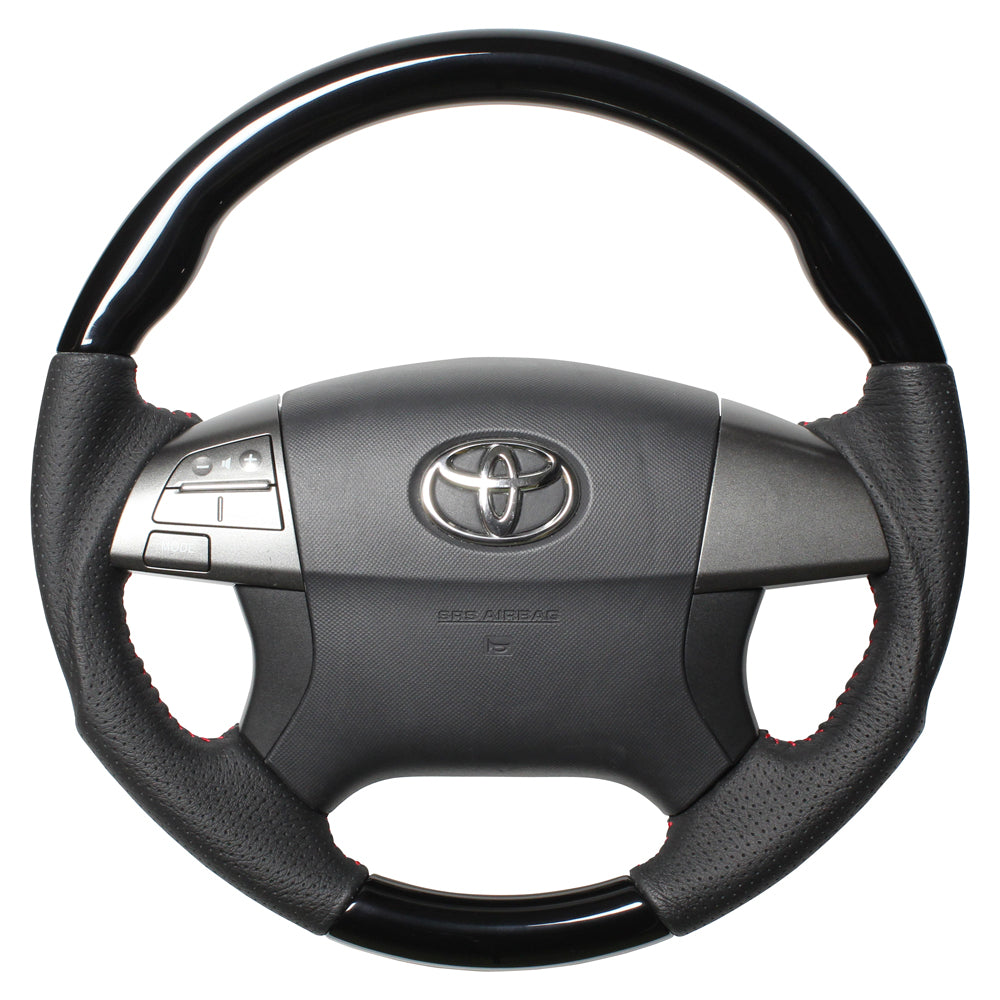 REAL ORIGINAL SERIES ROUND SHAPE PIANO BLACK RED STITCH STEERING WHEEL FOR TOYOTA NOAH 70 4 SPOKE TYPE R50-PBW-RD