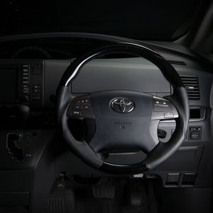 REAL ORIGINAL SERIES ROUND SHAPE PIANO BLACK RED STITCH STEERING WHEEL FOR TOYOTA PREMIO 260 : 1 2 TYPE  R50-PBW-RD