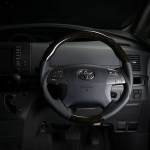 REAL ORIGINAL SERIES ROUND SHAPE BLACK WOOD BLACK STITCH STEERING WHEEL FOR TOYOTA ALLION 260 : 1 2 TYPE  R50-BKW-BK