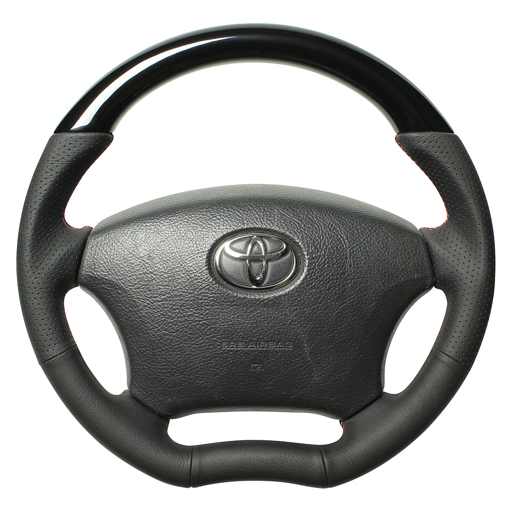 REAL ORIGINAL SERIES C SHAPE PIANO BLACK RED X BLACK EURO STITCH STEERING WHEEL FOR TOYOTA HIACE 200 : 1-3 TYPES  H200-PBW-RD