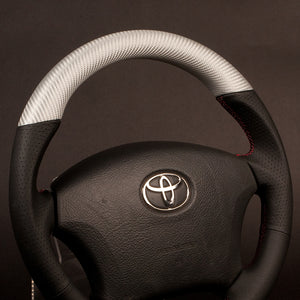 REAL ORIGINAL SERIES C SHAPE MATTE SILVER CARBON UNGLAZED RED X GRAY EURO STITCH STEERING WHEEL FOR TOYOTA ESTIMA 30 : KOUKI 40 : KOUKI  H200-SLC-RD