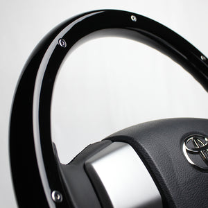 REAL ORIGINAL SERIES ALL WOOD ROUND SHAPE PIANO BLACK STUDS BLACK EURO STITCH STEERING WHEEL FOR TOYOTA LAND CRUISER PRADO 150 : ZENKI MID  J150W-PBWM