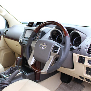 REAL ORIGINAL SERIES GUN GRIP GENUINE SAME DIAMETER ROUND SHAPE 155A BROWN WOOD PRINT BLACK EURO STITCH STEERING WHEEL FOR TOYOTA LAND CRUISER PRADO 150 : ZENKI MID  J150G-BRW-BK