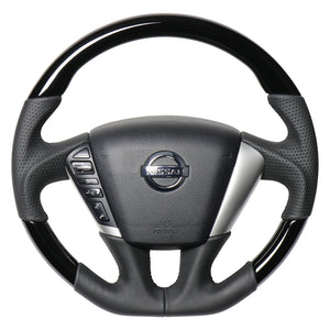 REAL ORIGINAL SERIES SOFT D SHAPE PIANO BLACK BLACK EURO STITCH STEERING WHEEL FOR NISSAN ELGRAND E52  NSC-PBW-BK