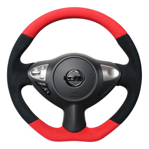 REAL ORIGINAL SERIES D SHAPE RED & BLACK ULTRA SUEDE RED X BLACK EURO STITCH STEERING WHEEL FOR NISSAN FAIRLADY Z Z34 NSB-ALC-RD