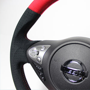 REAL ORIGINAL SERIES D SHAPE RED & BLACK ULTRA SUEDE RED X BLACK EURO STITCH STEERING WHEEL FOR NISSAN JUKE F15 NSB-ALC-RD