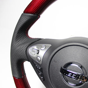 REAL ORIGINAL SERIES D SHAPE RED CARBON RED X BLACK EURO STITCH STEERING WHEEL FOR NISSAN FAIRLADY Z Z34 NSB-RDC-RD