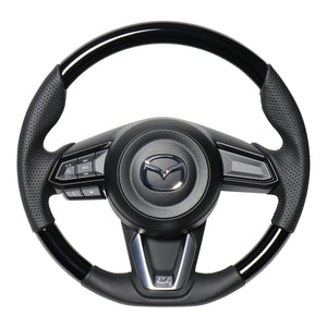 REAL ORIGINAL SERIES SOFT D SHAPE PIANO BLACK BLACK EURO STITCH STEERING WHEEL FOR MAZDA AXELA BM:LATE BY:LATE  MZD-PBW-BK