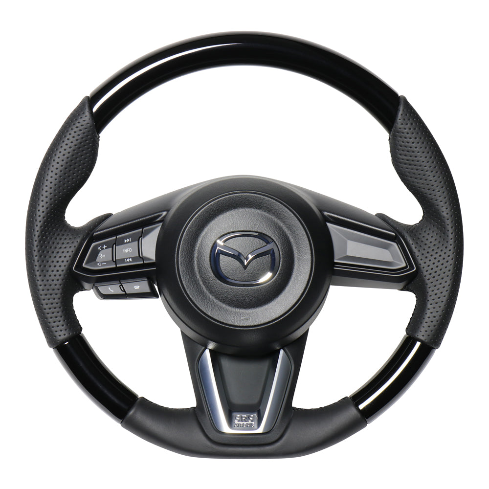 REAL ORIGINAL SERIES SOFT D SHAPE PIANO BLACK BLACK EURO STITCH STEERING WHEEL FOR MAZDA MAZDA2 DJ  MZD-PBW-BK