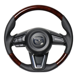 REAL ORIGINAL SERIES SOFT D SHAPE BROWN WOOD BLACK EURO STITCH STEERING WHEEL FOR MAZDA DEMIO DJ: KOUKI  MZD-BRW-BK