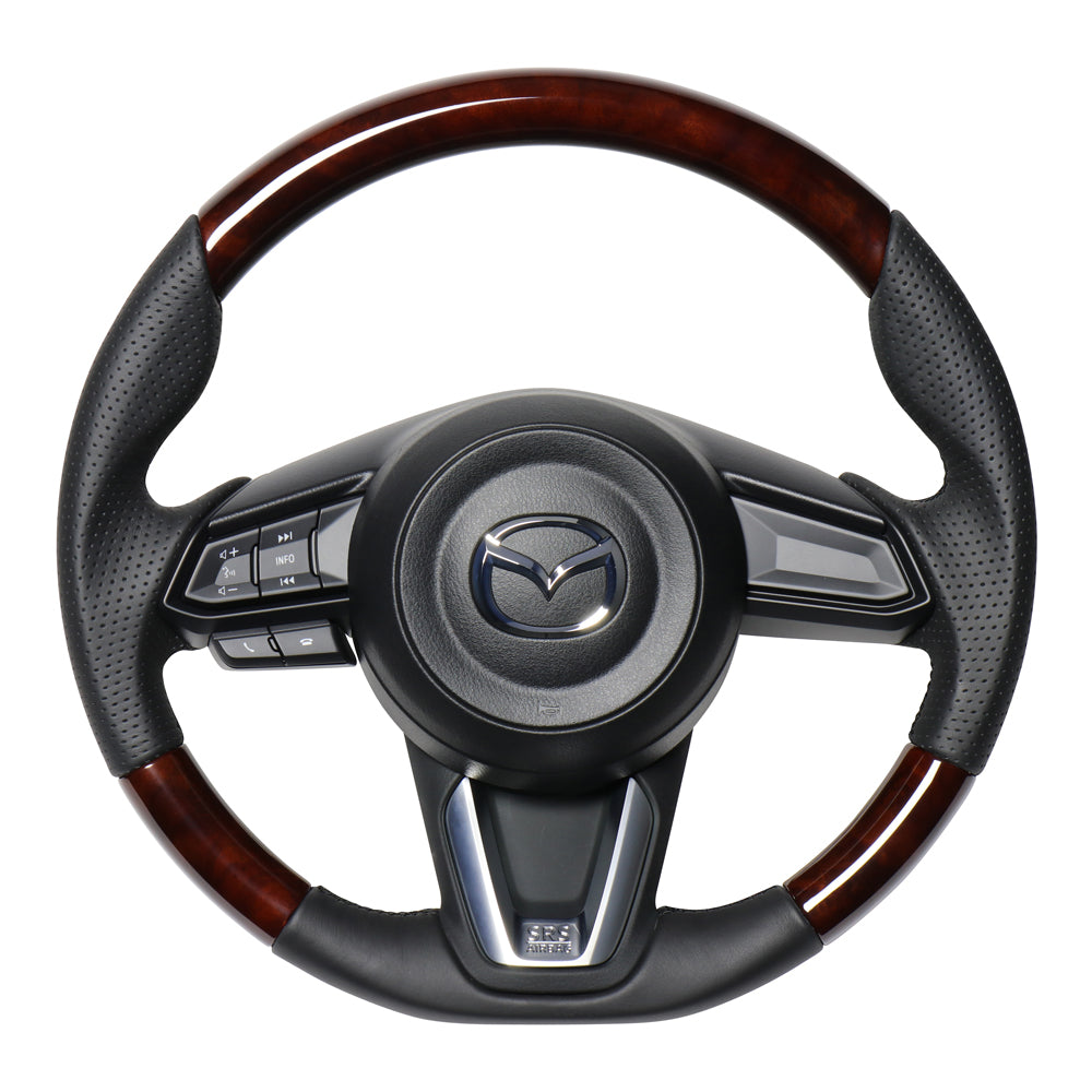REAL ORIGINAL SERIES SOFT D SHAPE BROWN WOOD BLACK EURO STITCH STEERING WHEEL FOR MAZDA CX-8 KG  MZD-BRW-BK