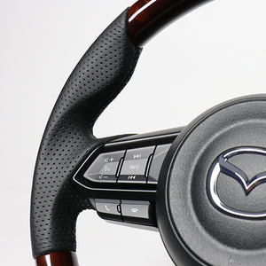 REAL ORIGINAL SERIES SOFT D SHAPE BROWN WOOD BLACK EURO STITCH STEERING WHEEL FOR MAZDA DEMIO DJ: KOUKI  MZD-BRW-BK