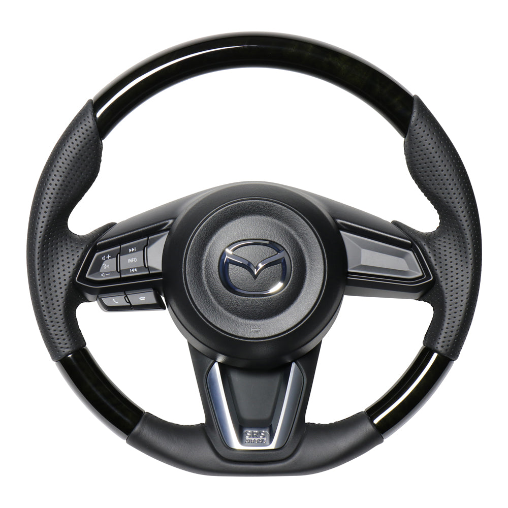 REAL ORIGINAL SERIES SOFT D SHAPE BLACK WOOD BLACK EURO STITCH STEERING WHEEL FOR MAZDA AXELA BM:LATE BY:LATE  MZD-BKW-BK
