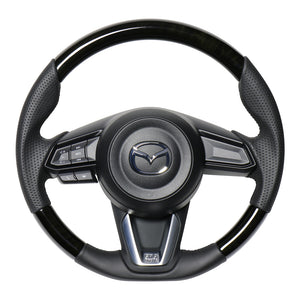 REAL ORIGINAL SERIES SOFT D SHAPE BLACK WOOD BLACK EURO STITCH STEERING WHEEL FOR MAZDA AXELA BM:LATE BY:LATE  MZD-BKW-BK