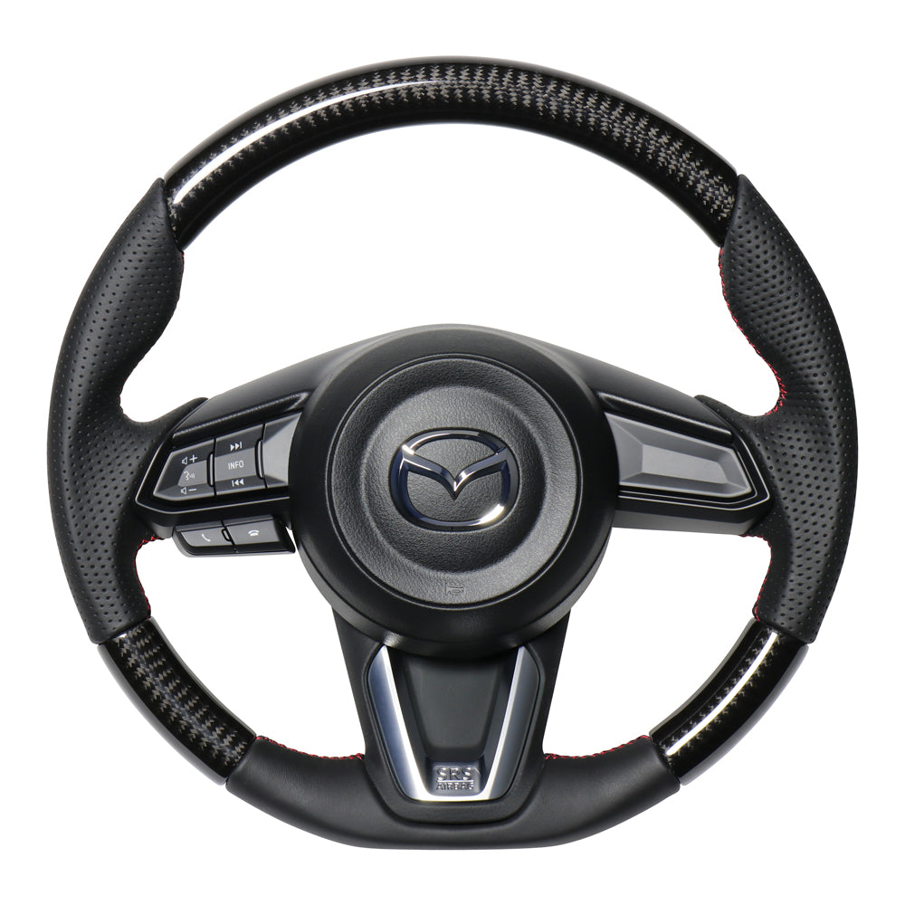 REAL ORIGINAL SERIES SOFT D SHAPE BLACK CARBON RED X BLACK EURO STITCH STEERING WHEEL FOR MAZDA CX-5 KF  MZD-BKC-RD