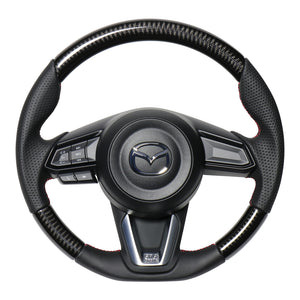 REAL ORIGINAL SERIES SOFT D SHAPE BLACK CARBON RED X BLACK EURO STITCH STEERING WHEEL FOR MAZDA DEMIO DJ: KOUKI  MZD-BKC-RD