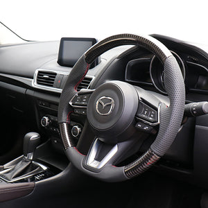 REAL ORIGINAL SERIES SOFT D SHAPE BLACK CARBON RED X BLACK EURO STITCH STEERING WHEEL FOR MAZDA CX-5 KF  MZD-BKC-RD