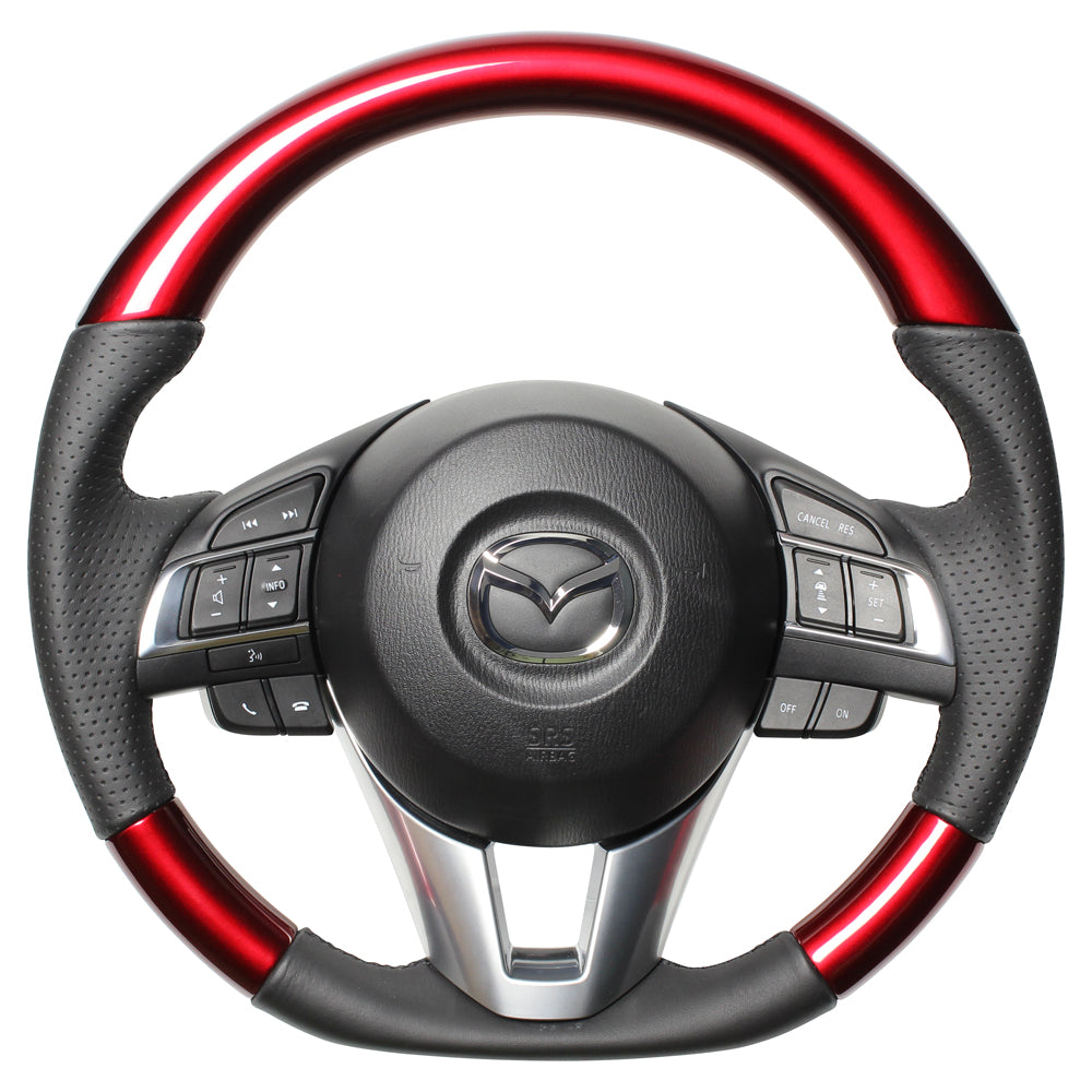 REAL ORIGINAL SERIES D SHAPE PEARL RED BLACK EURO STITCH STEERING WHEEL FOR MAZDA AXELA BM:ZENKI BY:ZENKI  MZA-RDW-BK