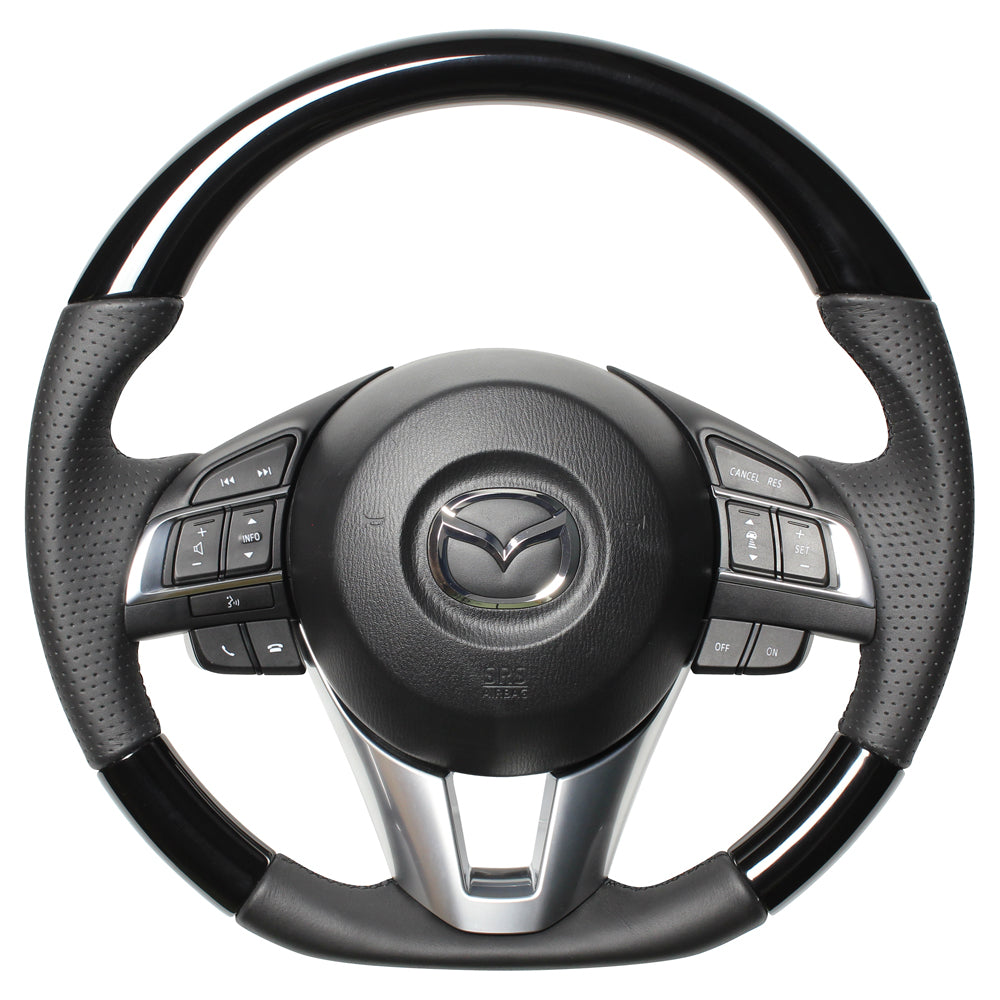 REAL ORIGINAL SERIES D SHAPE PIANO BLACK BLACK EURO STITCH STEERING WHEEL FOR MAZDA DEMIO DJ: ZENKI  MZA-PBW-BK