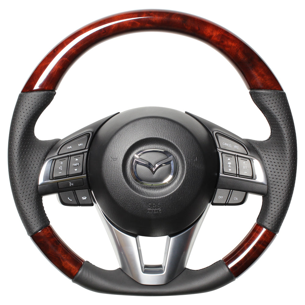 REAL ORIGINAL SERIES D SHAPE BROWN WOOD BLACK EURO STITCH STEERING WHEEL FOR MAZDA CX-5 KE  MZA-BRW-BK