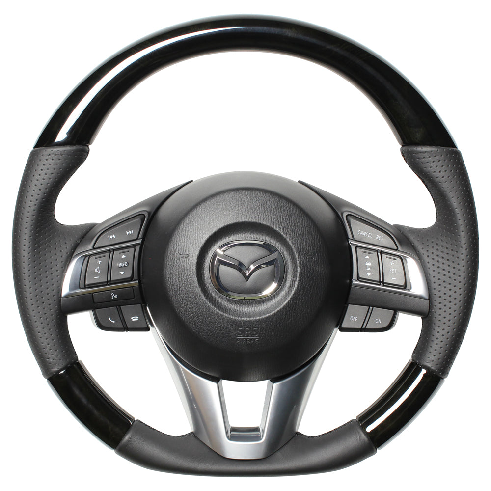 REAL ORIGINAL SERIES D SHAPE BLACK WOOD BLACK EURO STITCH STEERING WHEEL FOR MAZDA AXELA BM:ZENKI BY:ZENKI  MZA-BKW-BK