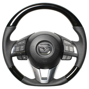 REAL ORIGINAL SERIES D SHAPE BLACK WOOD BLACK EURO STITCH STEERING WHEEL FOR MAZDA AXELA BM:ZENKI BY:ZENKI  MZA-BKW-BK