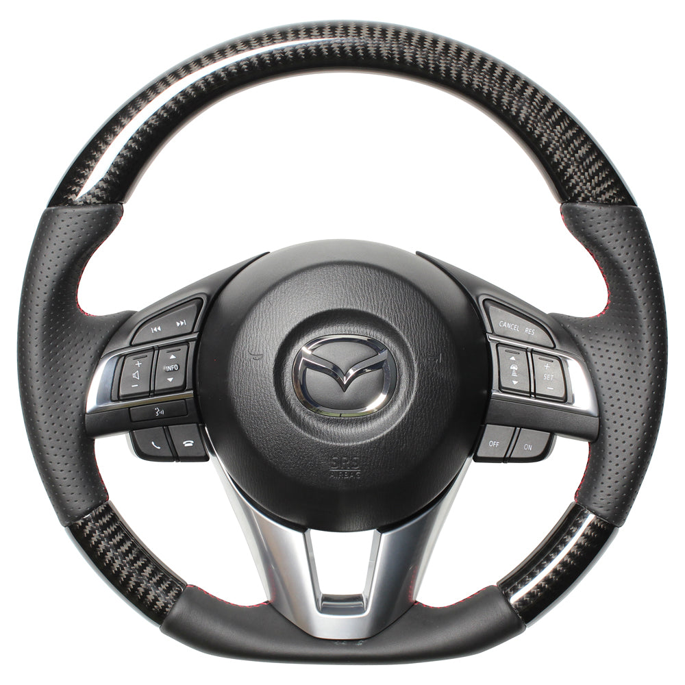 REAL ORIGINAL SERIES D SHAPE BLACK CARBON RED X BLACK EURO STITCH STEERING WHEEL FOR MAZDA AXELA BM:ZENKI BY:ZENKI  MZA-BKC-RD