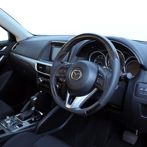REAL ORIGINAL SERIES D SHAPE BLACK CARBON RED X BLACK EURO STITCH STEERING WHEEL FOR MAZDA AXELA BM:ZENKI BY:ZENKI  MZA-BKC-RD