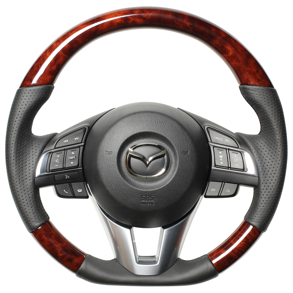 REAL ORIGINAL SERIES D SHAPE BROWN WOOD BLACK EURO STITCH STEERING WHEEL FOR MAZDA ATENZA GJ: ZENKI  MZB-BRW-BK