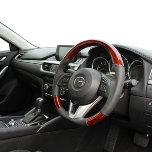 REAL ORIGINAL SERIES D SHAPE BROWN WOOD BLACK EURO STITCH STEERING WHEEL FOR MAZDA ATENZA GJ: ZENKI  MZB-BRW-BK
