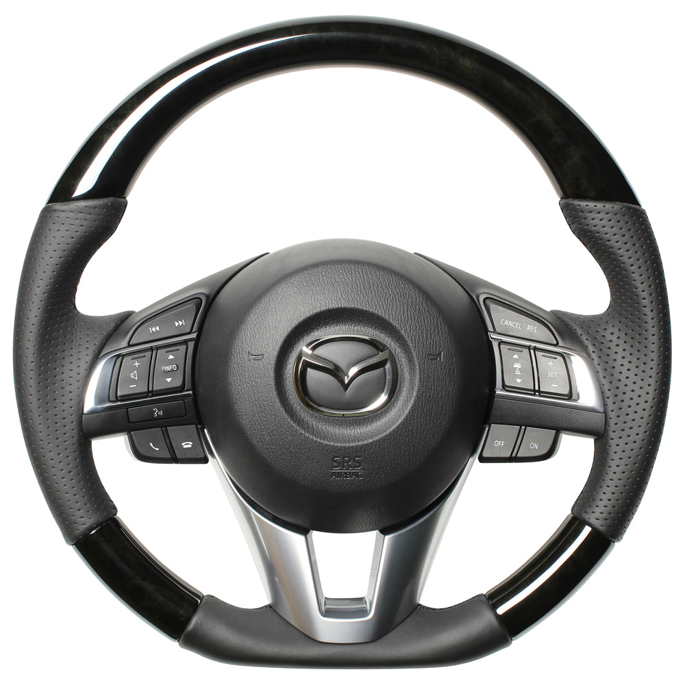 REAL ORIGINAL SERIES D SHAPE BLACK WOOD BLACK EURO STITCH STEERING WHEEL FOR MAZDA ATENZA GJ: ZENKI  MZB-BKW-BK