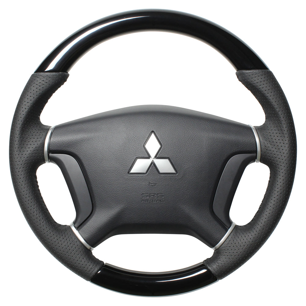 REAL ORIGINAL SERIES ROUND SHAPE PIANO BLACK BLACK STITCH STEERING WHEEL FOR MITSUBISHI DELICA D:5 CV W:ZENKI  D5-PBW-BK