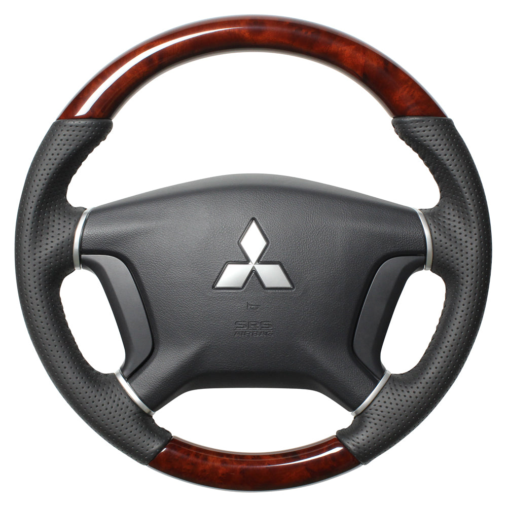 REAL ORIGINAL SERIES ROUND SHAPE BROWN WOOD BLACK STITCH STEERING WHEEL FOR MITSUBISHI DELICA D:5 CV W:ZENKI  D5-BRW-BK
