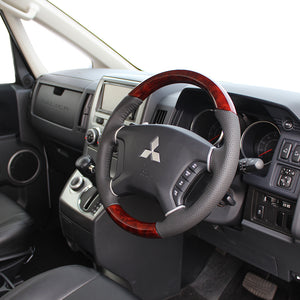 REAL ORIGINAL SERIES ROUND SHAPE BROWN WOOD BLACK STITCH STEERING WHEEL FOR MITSUBISHI DELICA D:5 CV W:ZENKI  D5-BRW-BK
