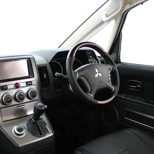REAL ORIGINAL SERIES ROUND SHAPE BROWN WOOD BLACK STITCH STEERING WHEEL FOR MITSUBISHI DELICA D:5 CV W:ZENKI  D5-BRW-BK