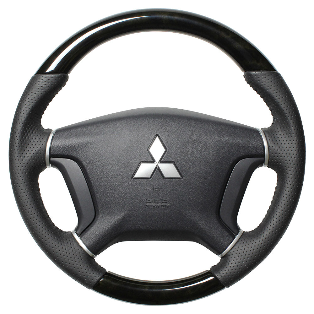 REAL ORIGINAL SERIES ROUND SHAPE BLACK WOOD BLACK STITCH STEERING WHEEL FOR MITSUBISHI DELICA D:5 CV W:ZENKI  D5-BKW-BK
