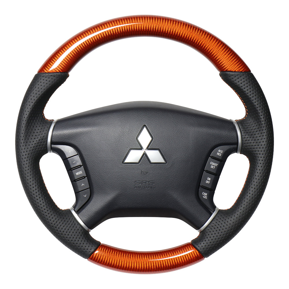 REAL ORIGINAL SERIES ROUND SHAPE ORANGE CARBON ORANGE X BLACK EURO STITCH STEERING WHEEL FOR MITSUBISHI PAJERO V8 W V9 W  D5-ORC-OR