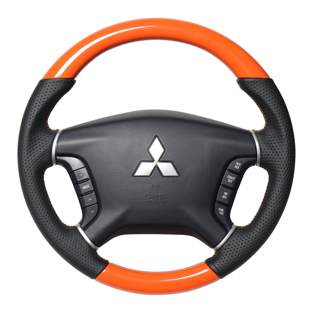 REAL ORIGINAL SERIES ROUND SHAPE ORANGE ORANGE X BLACK EURO STITCH STEERING WHEEL FOR MITSUBISHI PAJERO V8 W V9 W  D5-ORW-OR