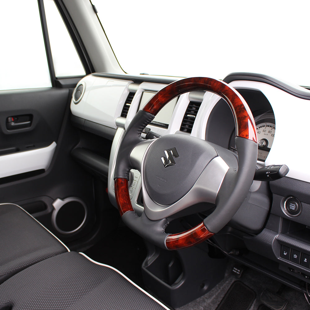 REAL ORIGINAL SERIES SOFT D SHAPE BROWN WOOD BLACK STITCH STEERING WHEEL FOR SUZUKI EVERY WAGON DA17W  MR31-BRW-BK
