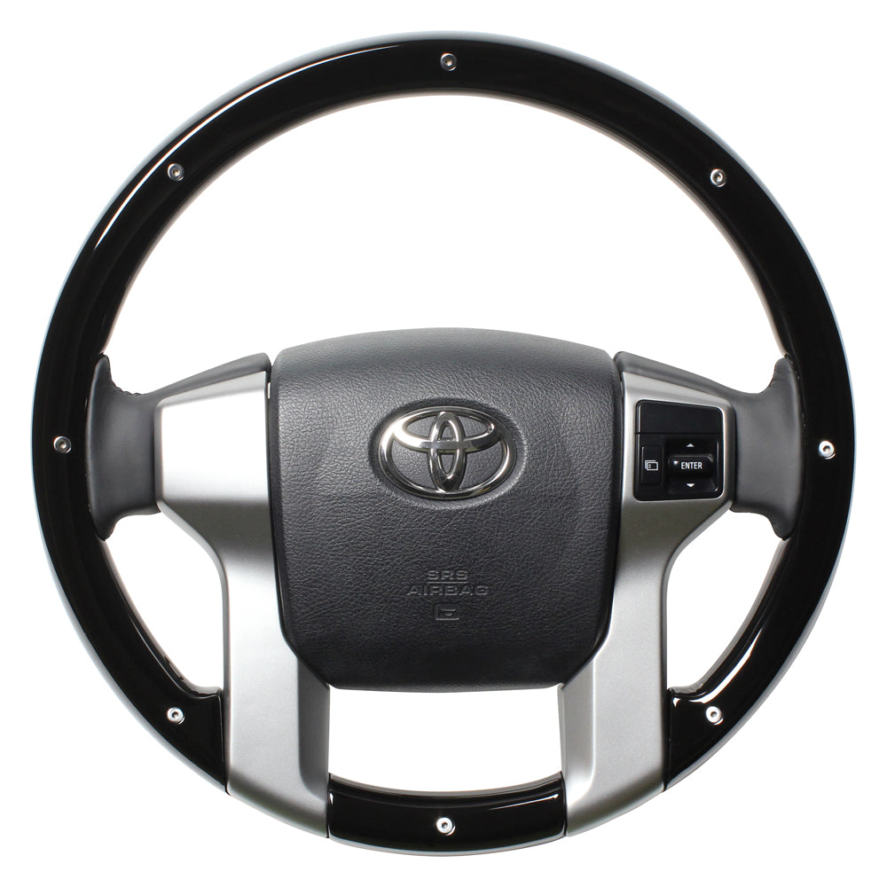 REAL ORIGINAL SERIES ALL WOOD ROUND SHAPE PIANO BLACK STUDS BLACK EURO STITCH STEERING WHEEL FOR TOYOTA LAND CRUISER PRADO 150 : ZENKI MID  J150W-PBWM