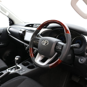REAL ORIGINAL SERIES SOFT D SHAPE BROWN WOOD BLACK STITCH STEERING WHEEL FOR TOYOTA HILUX GUN125 N125-BRW-BK