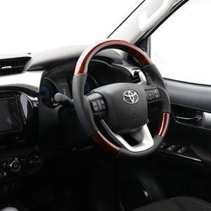 REAL ORIGINAL SERIES SOFT D SHAPE BROWN WOOD BLACK STITCH STEERING WHEEL FOR TOYOTA HILUX GUN125 N125-BRW-BK