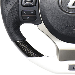 REAL LEXUS SERIES D SHAPE BLACK CARBON & WHITE LEATHER WHITE X BLACK EURO STITCH STEERING WHEEL FOR LEXUS RC F 10 : KOUKI  LXB-BKC-WH