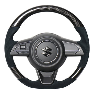 REAL ORIGINAL SERIES SOFT D SHAPE BLACK CARBON & BLACK ULTRA SUEDE BLACK EURO STITCH STEERING WHEEL FOR SUZUKI SWIFT SPORT ZC33S  SZA-BKC-ALC