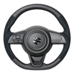 REAL ORIGINAL SERIES SOFT D SHAPE BLACK LEATHER & BLACK ULTRA SUEDE BLACK EURO STITCH STEERING WHEEL FOR SUZUKI SWIFT SPORT ZC33S  SZA-ALC-BK